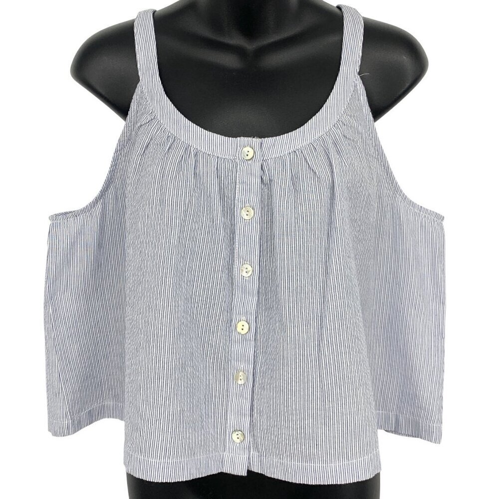Allie Rose Women Medium Stripe Sleeveless Button Scoop Top Blouse Linen New